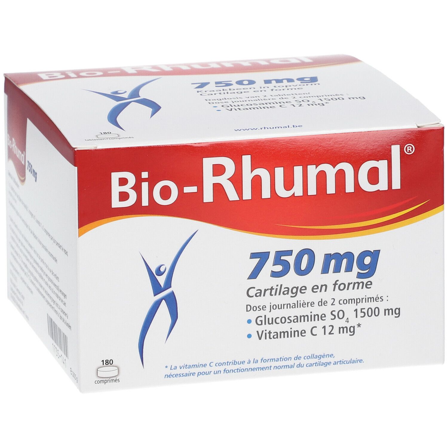 Boîte blanche et rouge "Bio-Rhumal 750 mg". Contient 180 comprimés. Cartilage en forme. Glucosamine, Vitamine C.