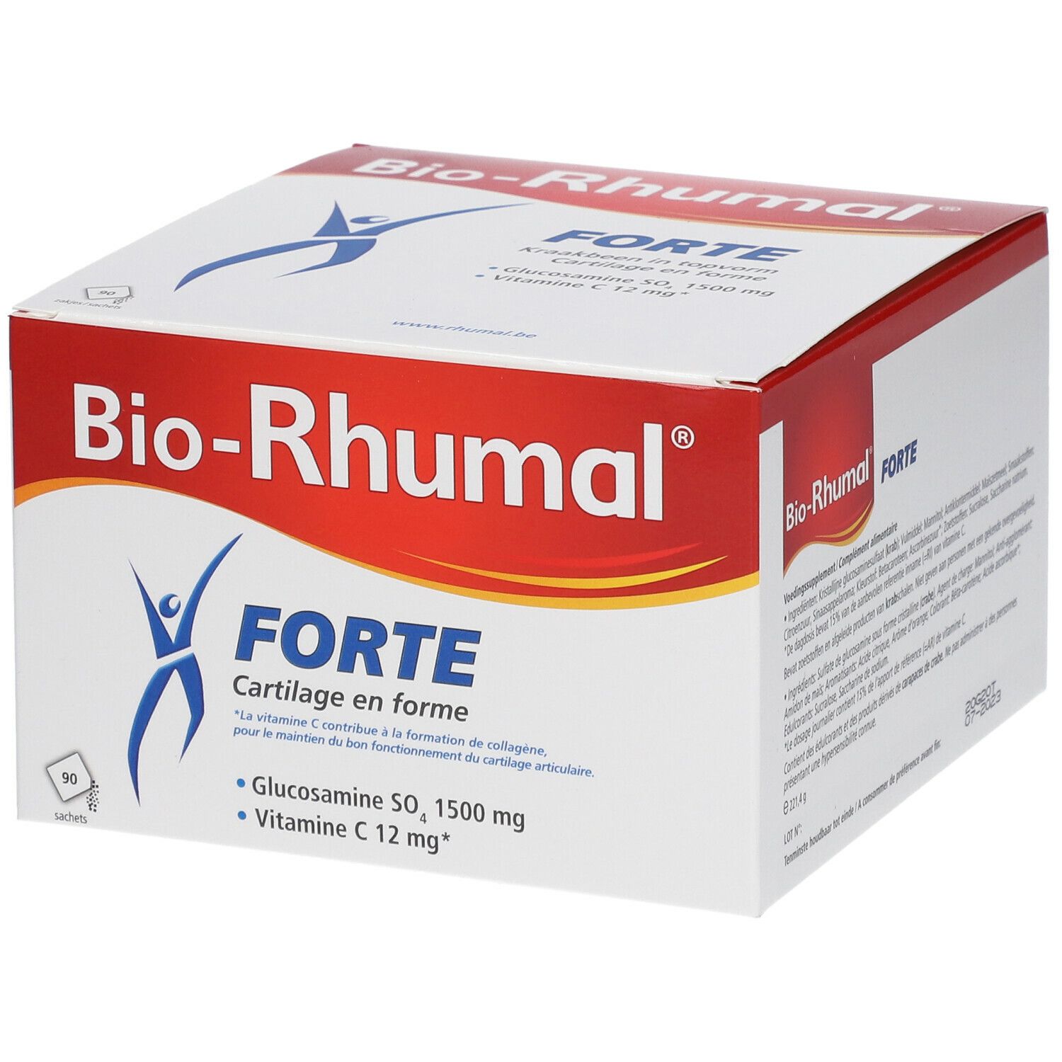 Boîte de Bio-Rhumal® FORTE. Contient 30 sachets. Inscription : Glucosamine SO₄ 1500 mg, Vitamine C 12 mg.