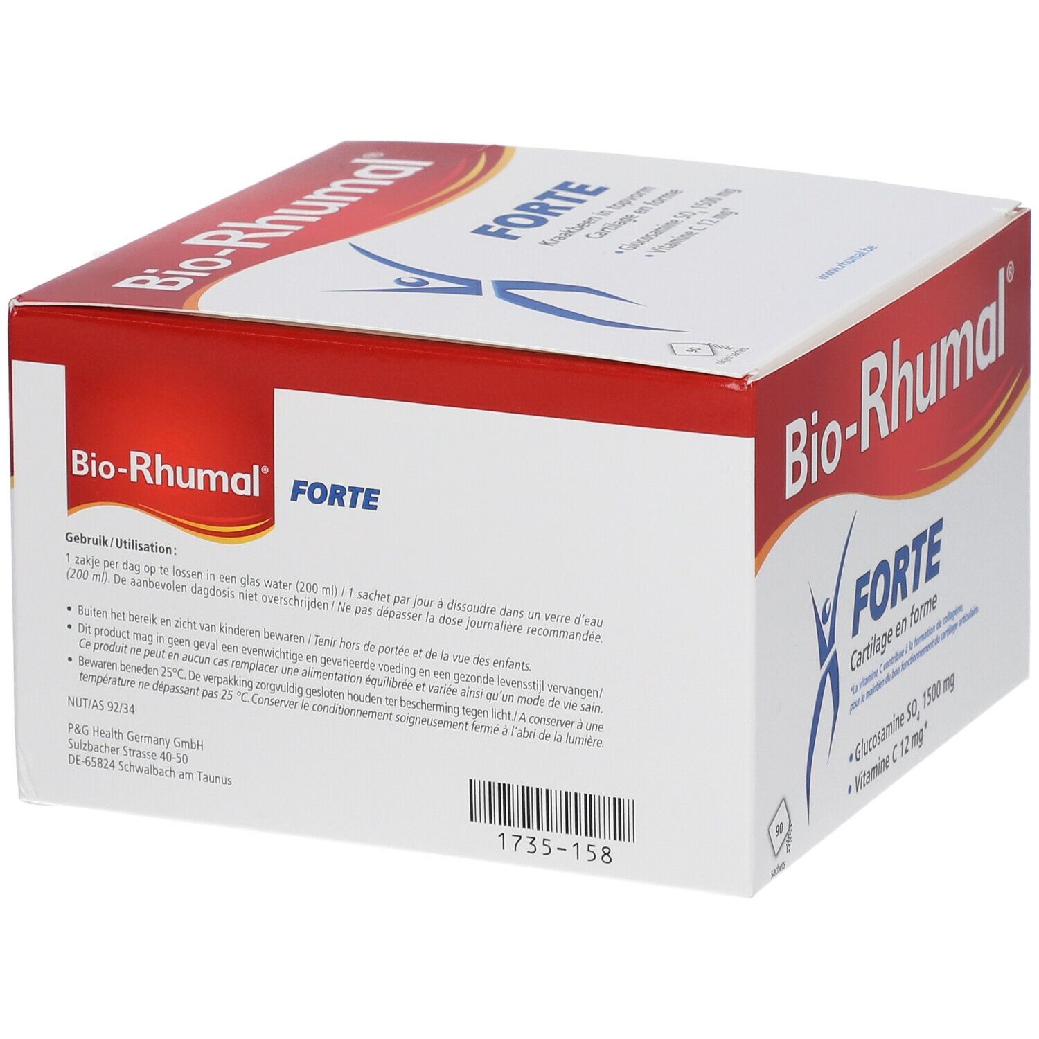 Boîte de Bio-Rhumal® FORTE. Inscription : Glucosamine SO₄ 1500 mg, Vitamine C 12 mg. Contient un mode d'emploi.