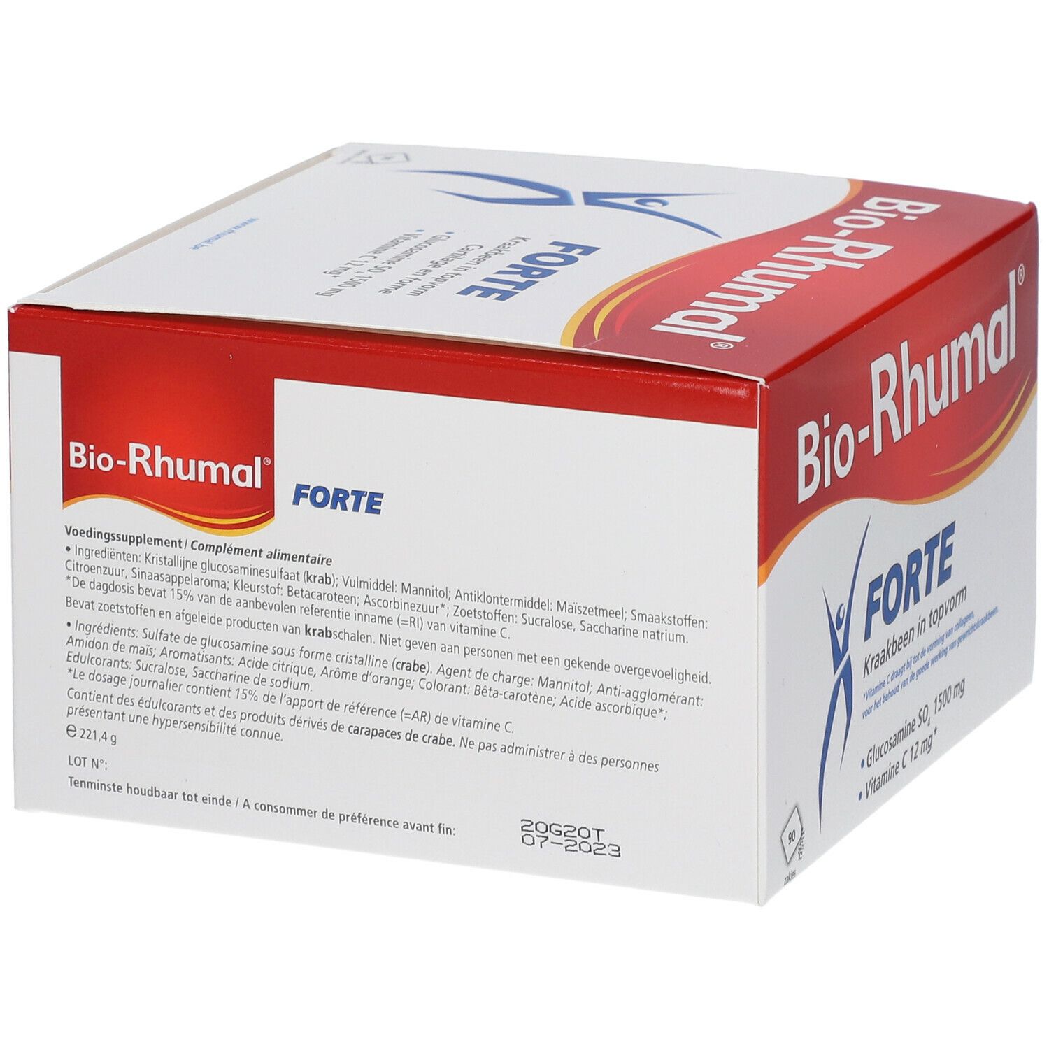 Boîte de Bio-Rhumal® FORTE. Inscription : Glucosamine SO₄ 1500 mg, Vitamine C 12 mg. Contient des ingrédients.