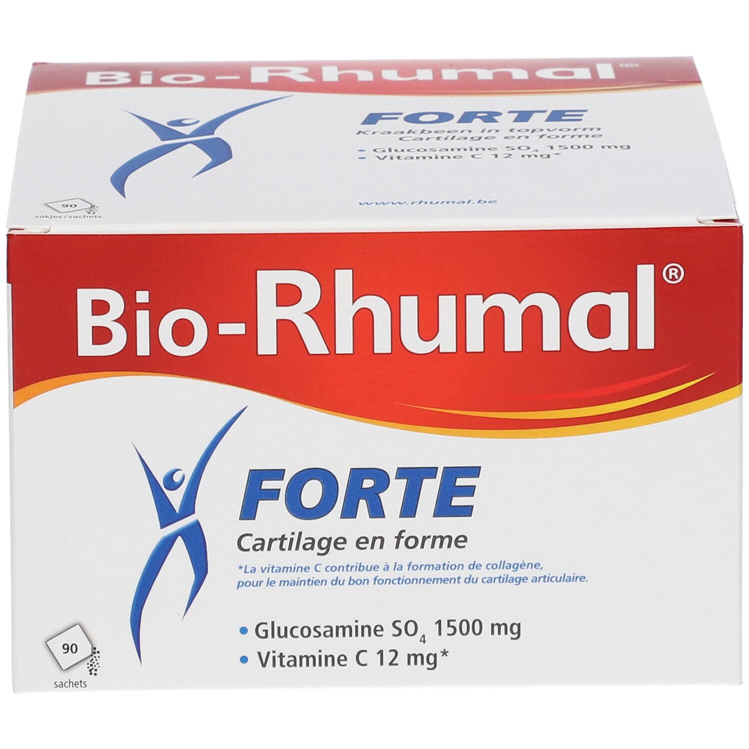 Boîte de Bio-Rhumal® FORTE. Contient 90 sachets. Inscription : Glucosamine SO₄ 1500 mg, Vitamine C 12 mg.