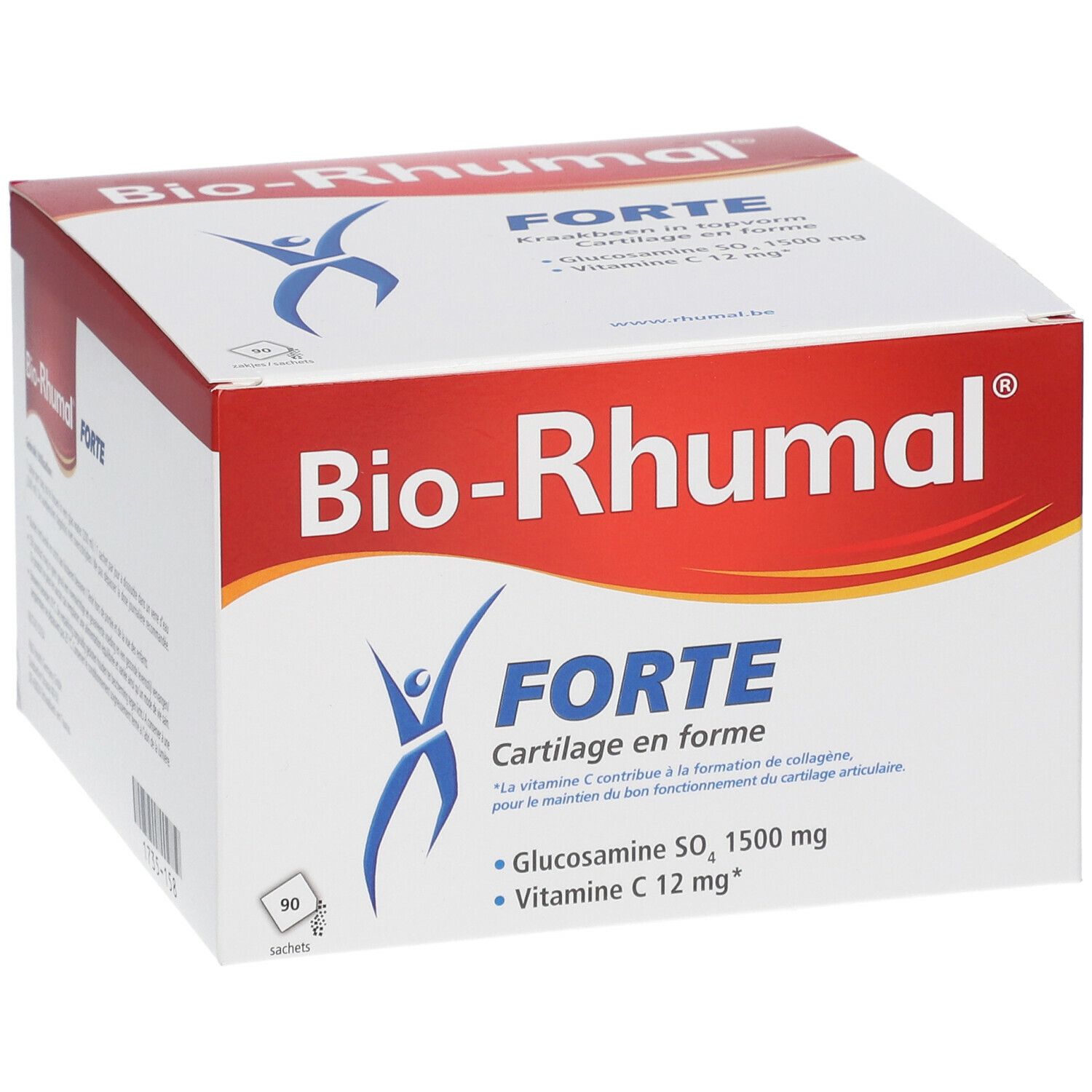 Boîte de Bio-Rhumal® FORTE. Contient 90 sachets. Inscription : Glucosamine SO₄ 1500 mg, Vitamine C 12 mg.