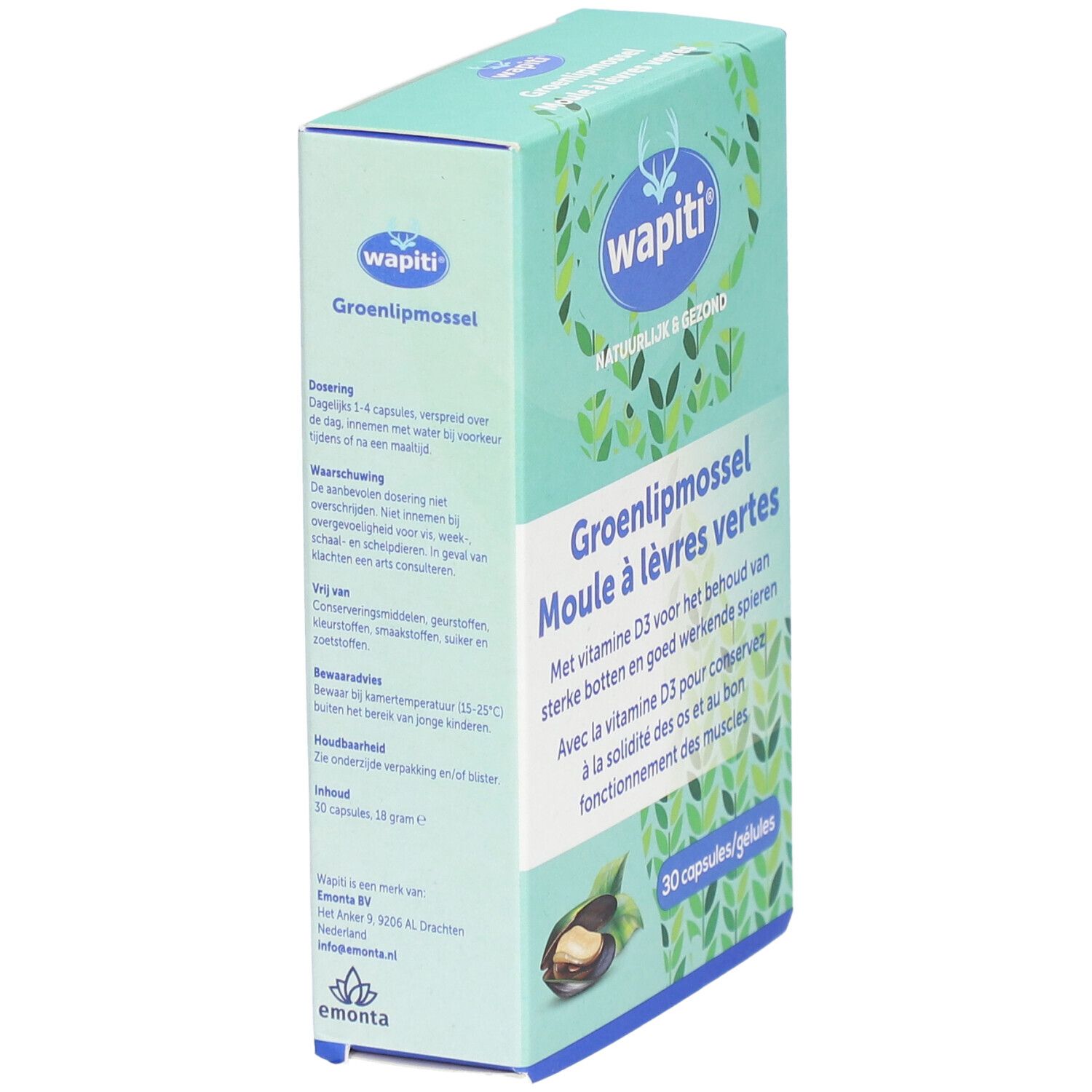 Groene doos met "wapiti" logo. Tekst: "Groenlipmossel Moule à lèvres vertes". 30 capsules. Zijaanzicht.