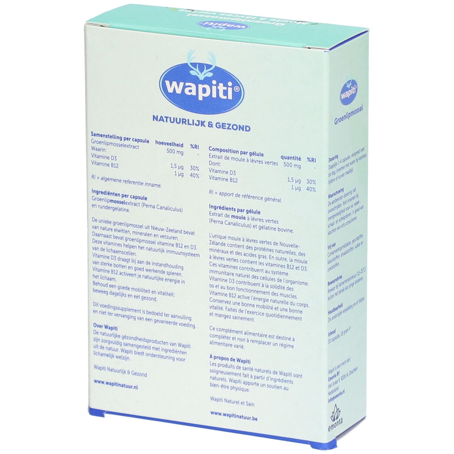 Achterkant van een groene "wapiti" doos. Tekst: "Natuurlijk & Gezond". Ingrediënten en voedingswaarde.
