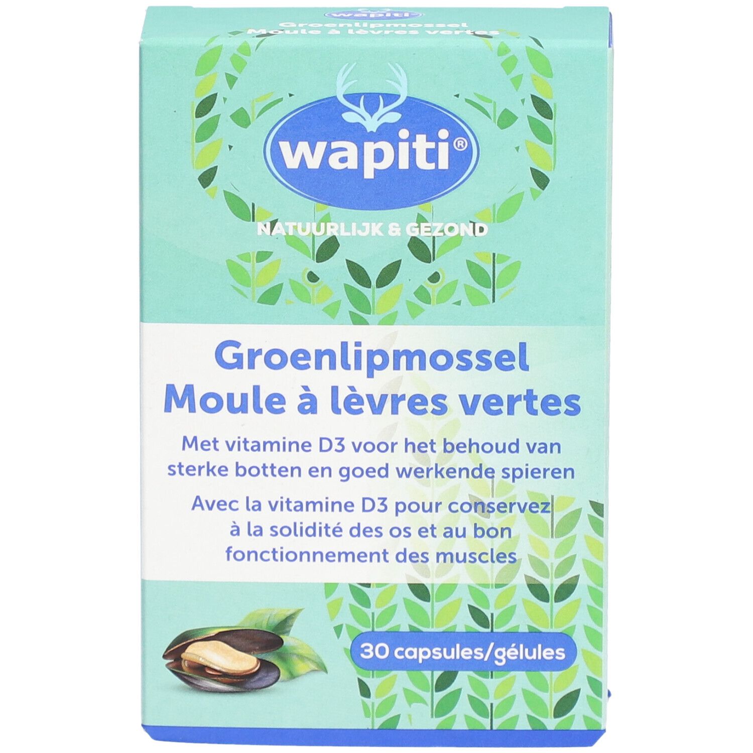 Groene doos met "wapiti" logo. Tekst: "Groenlipmossel Moule à lèvres vertes". 30 capsules. Afbeelding van een mossel.