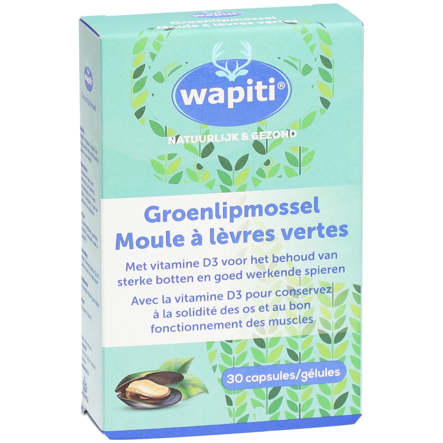 Groene doos met "wapiti" logo. Tekst: "Groenlipmossel Moule à lèvres vertes". 30 capsules. Afbeelding van een mossel.