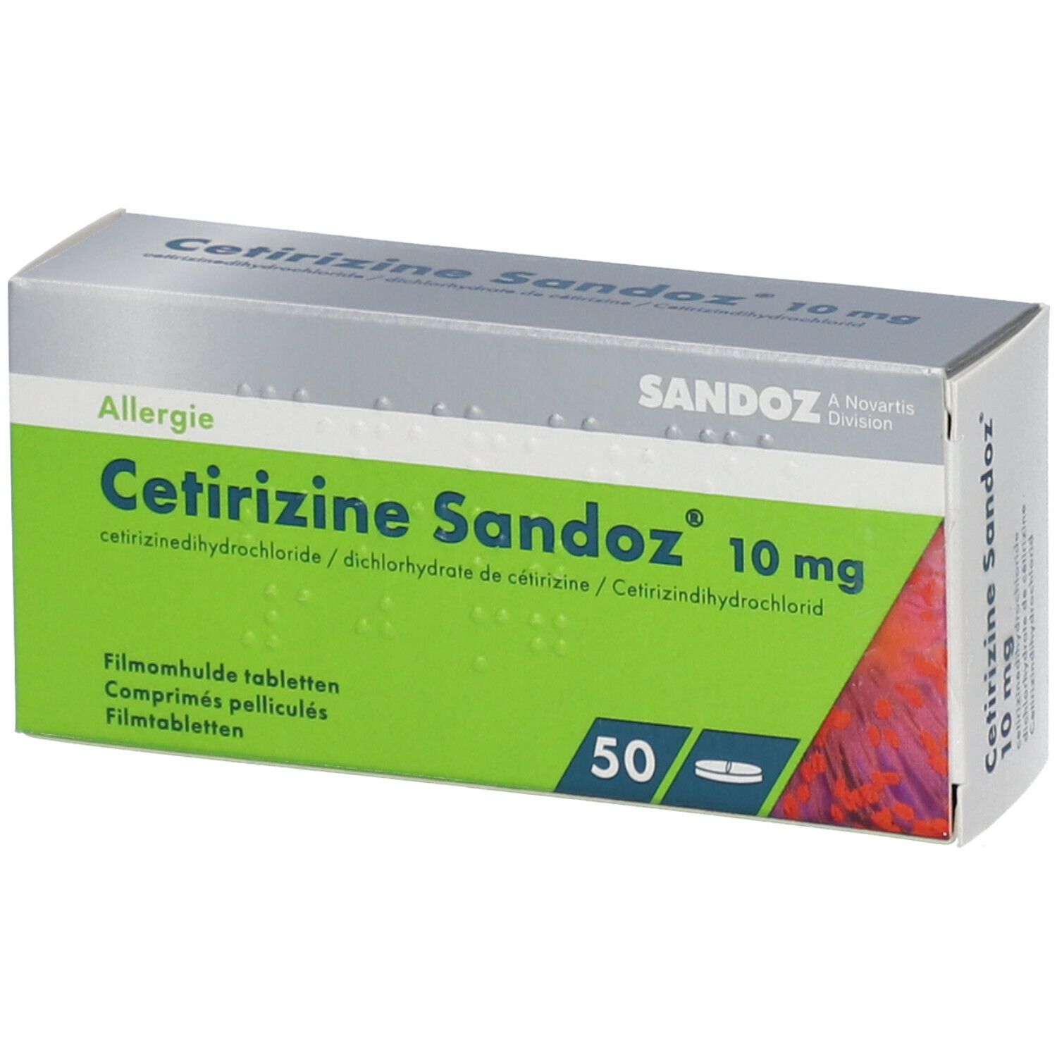 Doosje CetiSandoz 10 mg. Groen-witte verpakking met productnaam en dosering. Bevat 50 tabletten. Sandoz-logo.