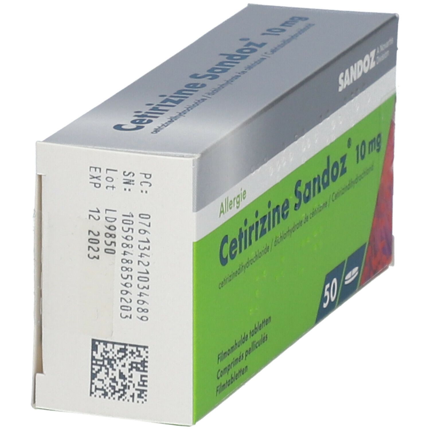 Doosje CetiSandoz 10 mg. Zijaanzicht met batchnummer, vervaldatum en barcode. Sandoz-logo.