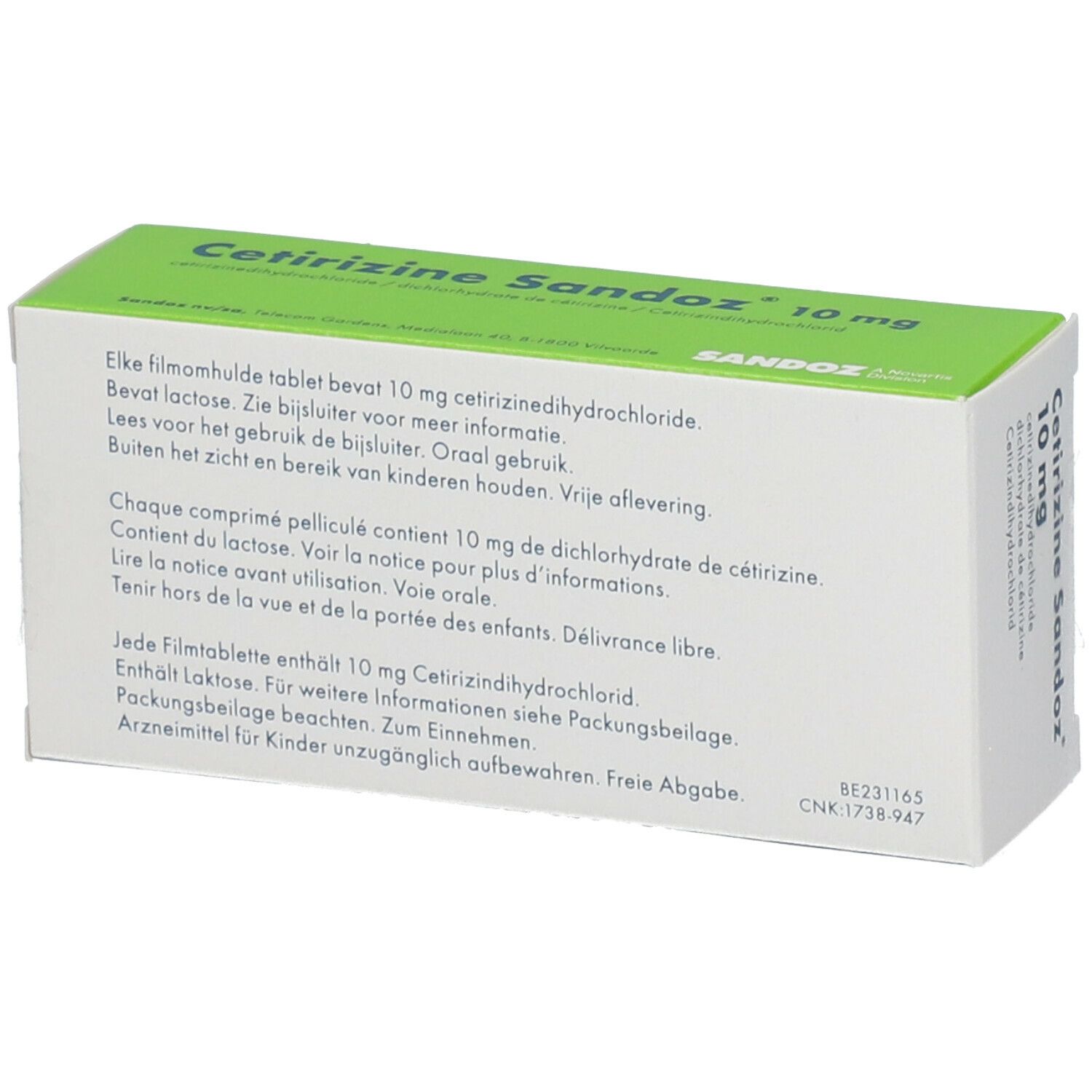 Achterkant van het doosje CetiSandoz 10 mg. Tekstinformatie in meerdere talen. Sandoz-logo.