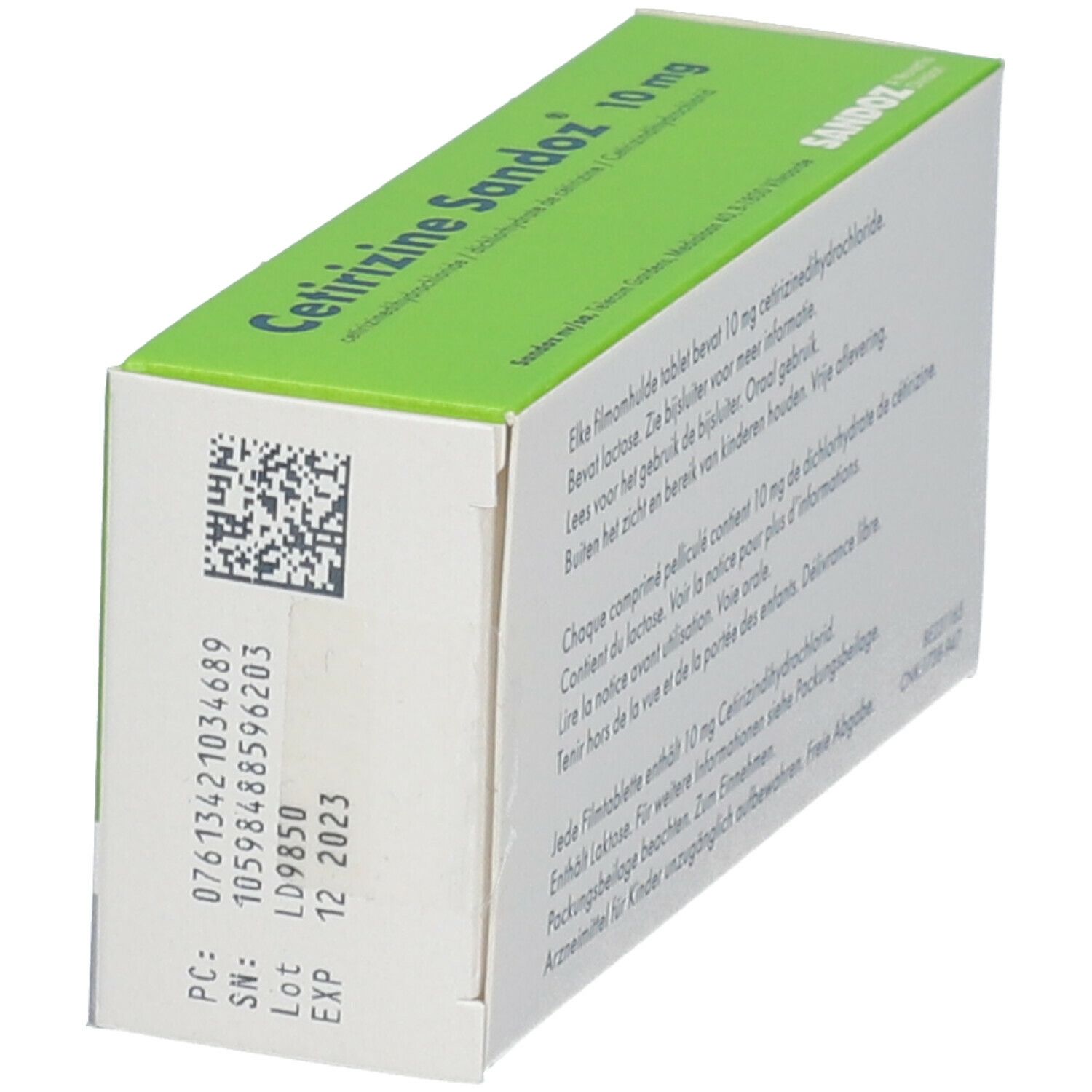 Doosje CetiSandoz 10 mg. Zijaanzicht met tekst en barcode. Sandoz-logo.