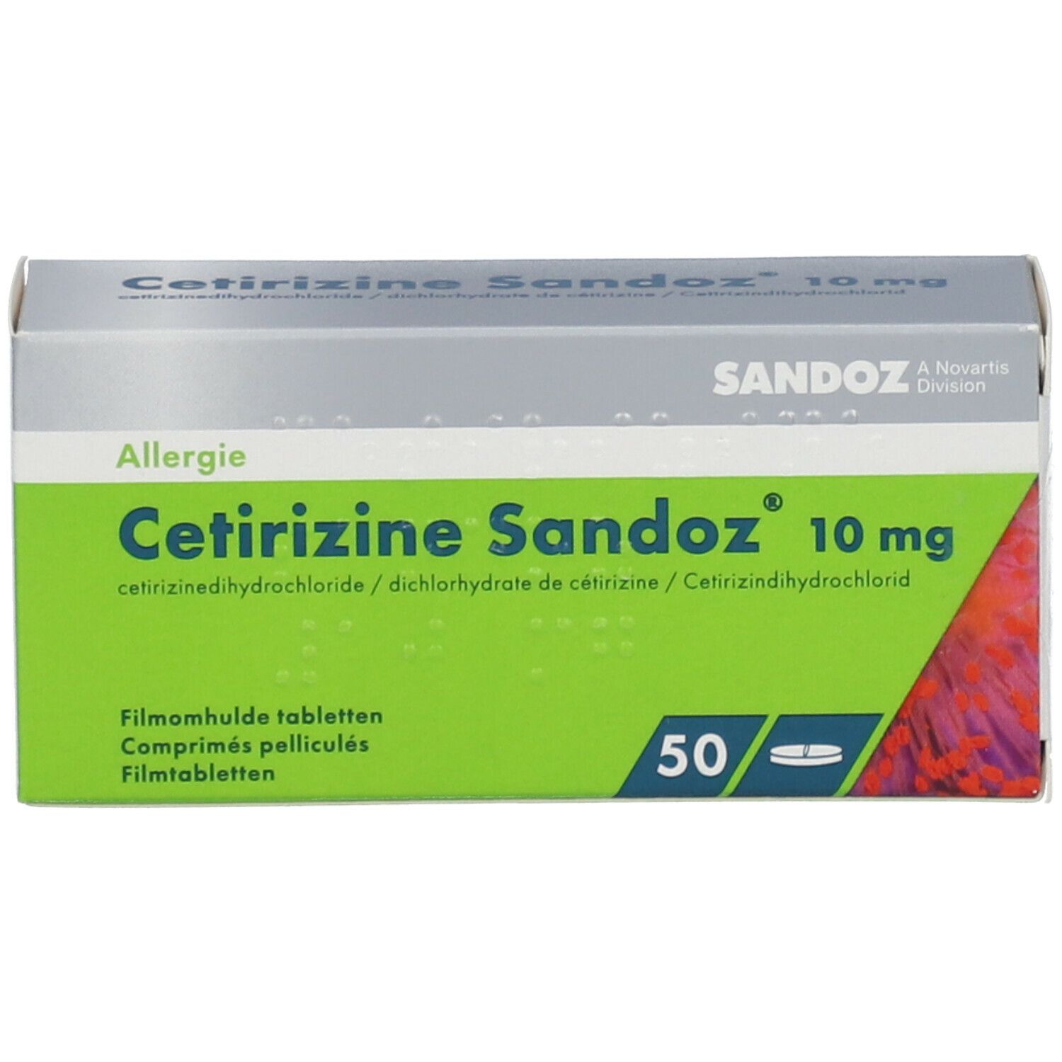 Doosje CetiSandoz 10 mg. Groen-witte verpakking met productnaam en dosering. Bevat 50 tabletten. Sandoz-logo.