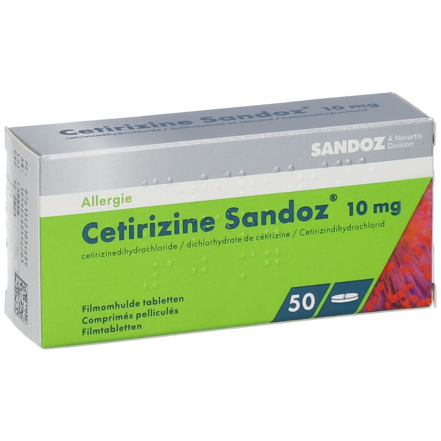 Doosje CetiSandoz 10 mg. Groen-witte verpakking met productnaam en dosering. Bevat 50 tabletten. Sandoz-logo.