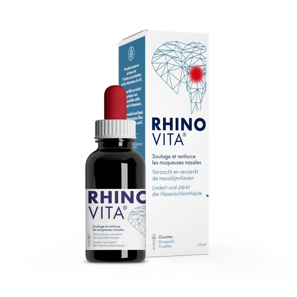 Productverpakking en fles met rode pipet. Opschrift: RHINO VITA. Tekst in het Duits en Frans. 15 ml.