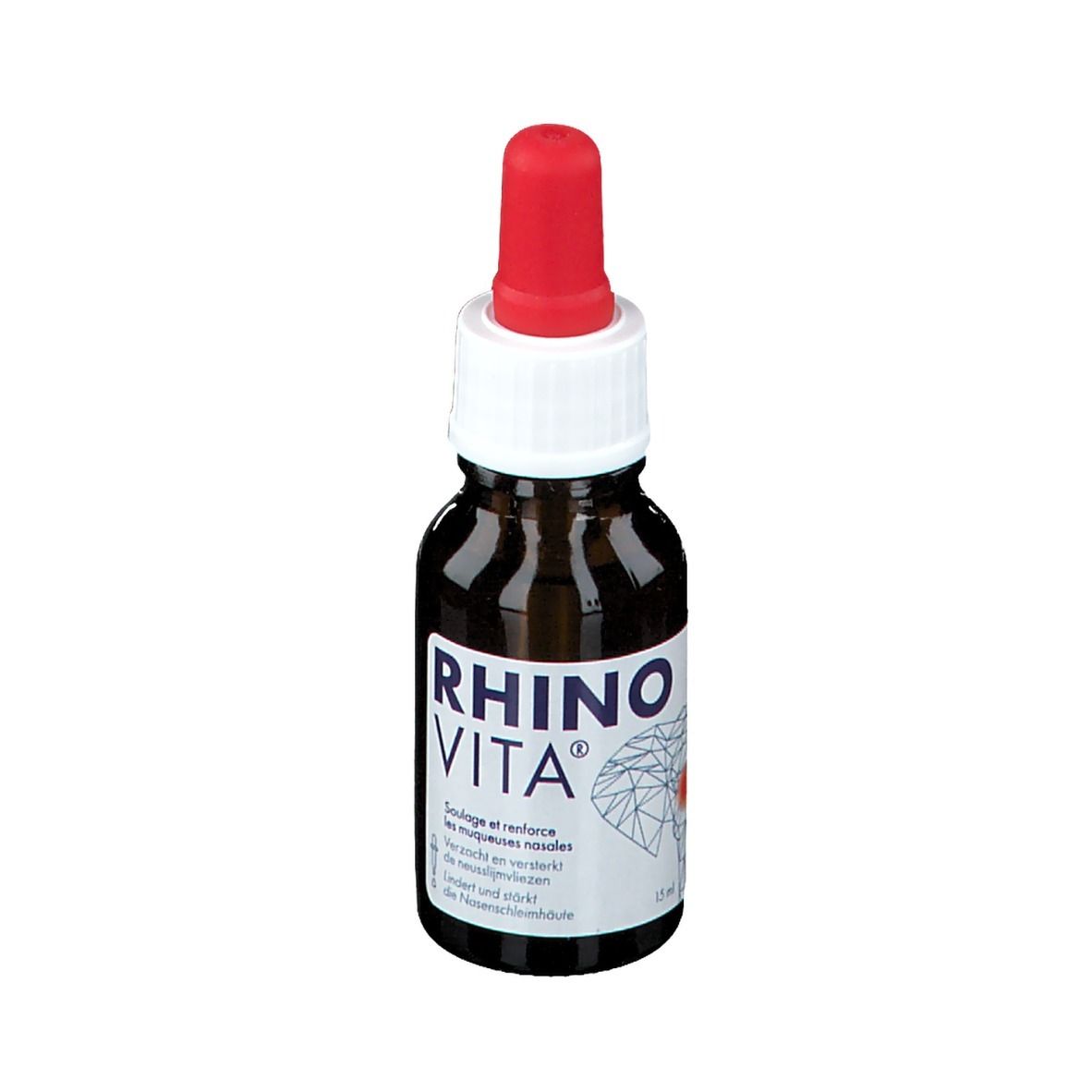 Bruine glazen fles met rode pipet. Opschrift: RHINO VITA. Tekst in het Duits en Frans.