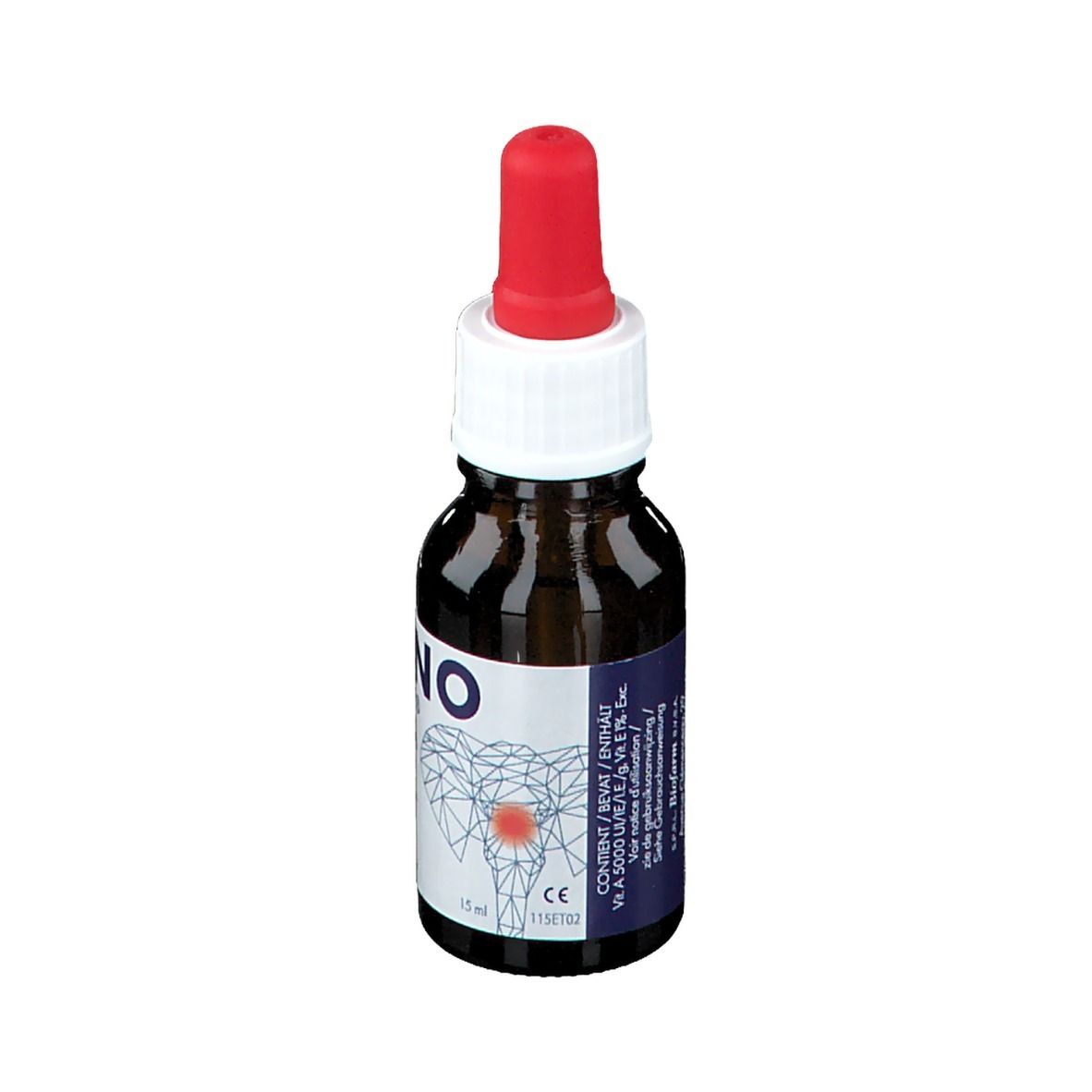Bruine glazen fles met rode pipet. Opschrift: RHINO VITA. Tekst in het Duits en Frans. 15 ml.