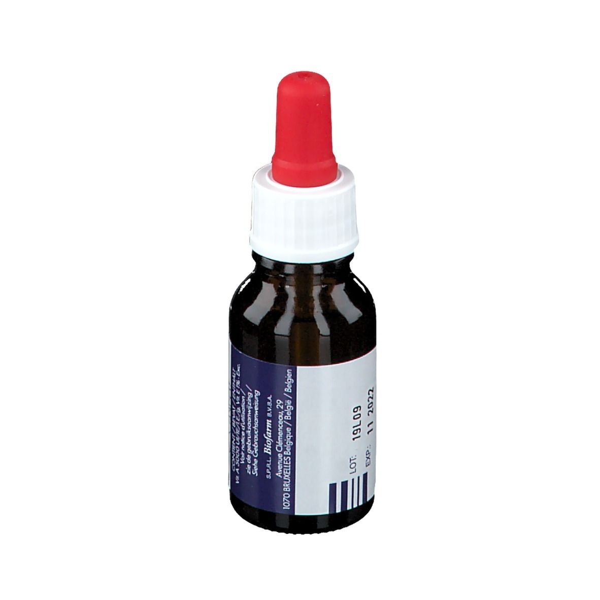 Bruine glazen fles met rode pipet. Opschrift: RHINO VITA. Tekst in het Duits en Frans. Lotnummer en vervaldatum.