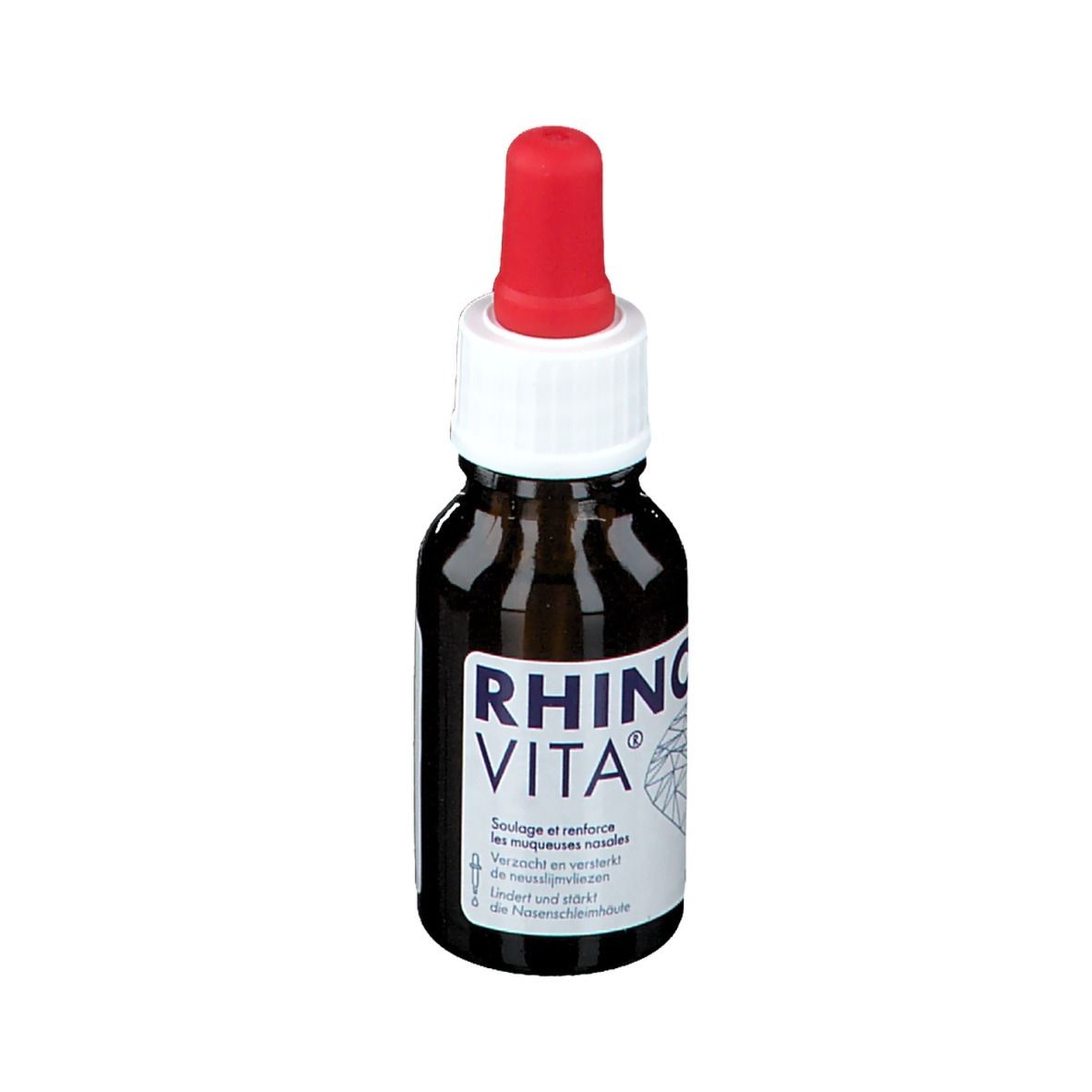 Bruine glazen fles met rode pipet. Opschrift: RHINO VITA. Tekst in het Duits en Frans. 15 ml.
