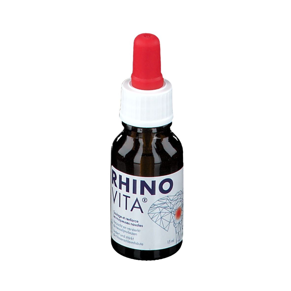 Bruine glazen fles met rode pipet. Opschrift: RHINO VITA. Tekst in het Duits en Frans. 15 ml.