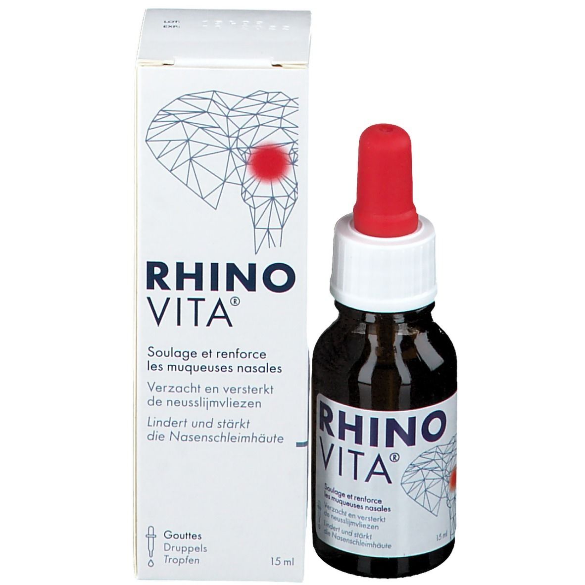 Productverpakking en fles met rode pipet. Opschrift: RHINO VITA. Tekst in het Duits en Frans. 15 ml.