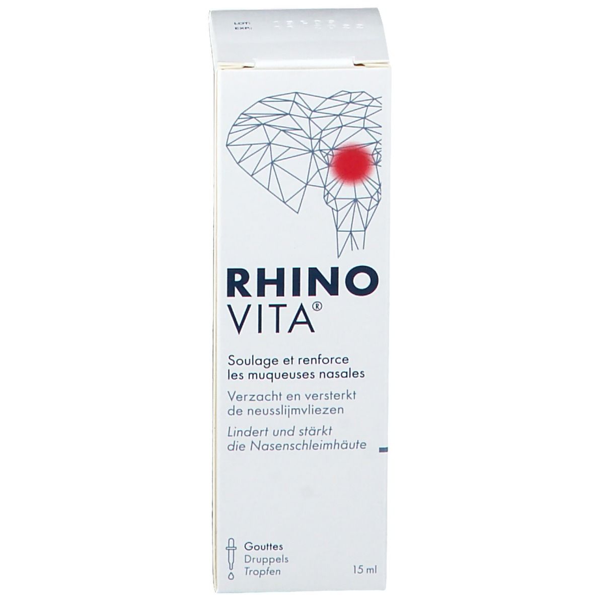 Productverpakking. Opschrift: RHINO VITA. Tekst in het Duits en Frans. 15 ml.