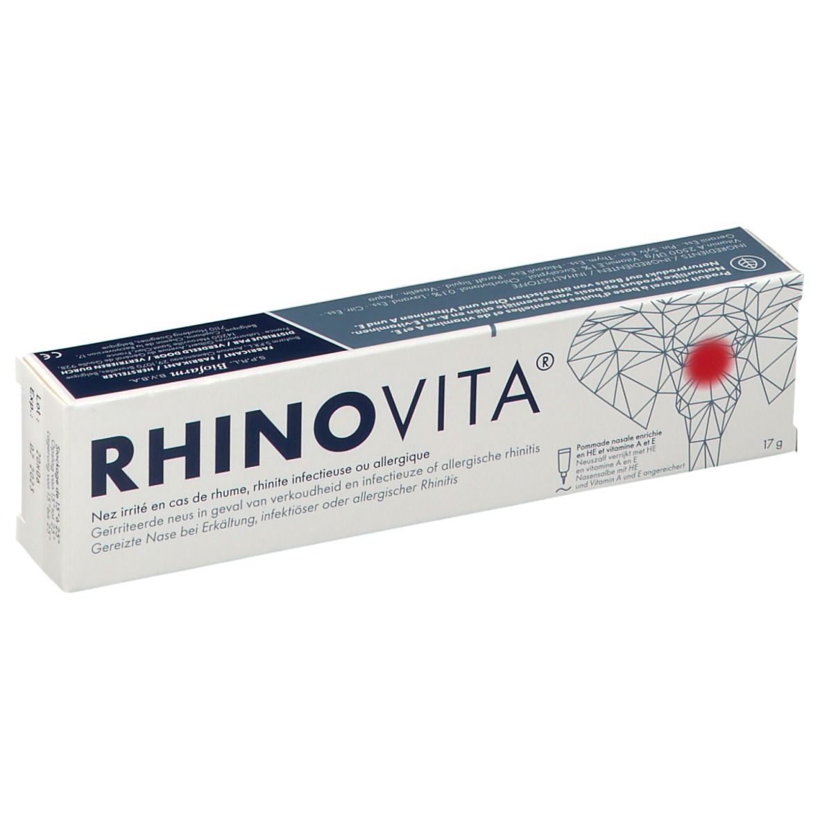 Boîte blanche RHINOVITA. Texte multilingue. 17g. Illustration d'une tête avec point rouge. Emballage du produit.