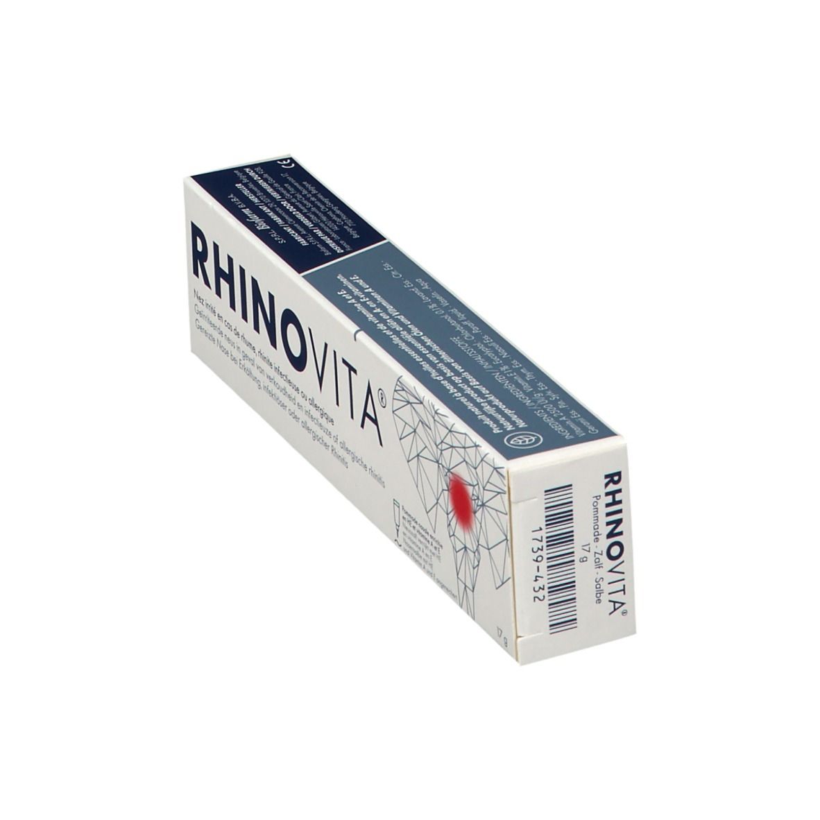 Boîte blanche inclinée RHINOVITA. Texte multilingue. Illustration d'une tête avec point rouge. Détails du produit.