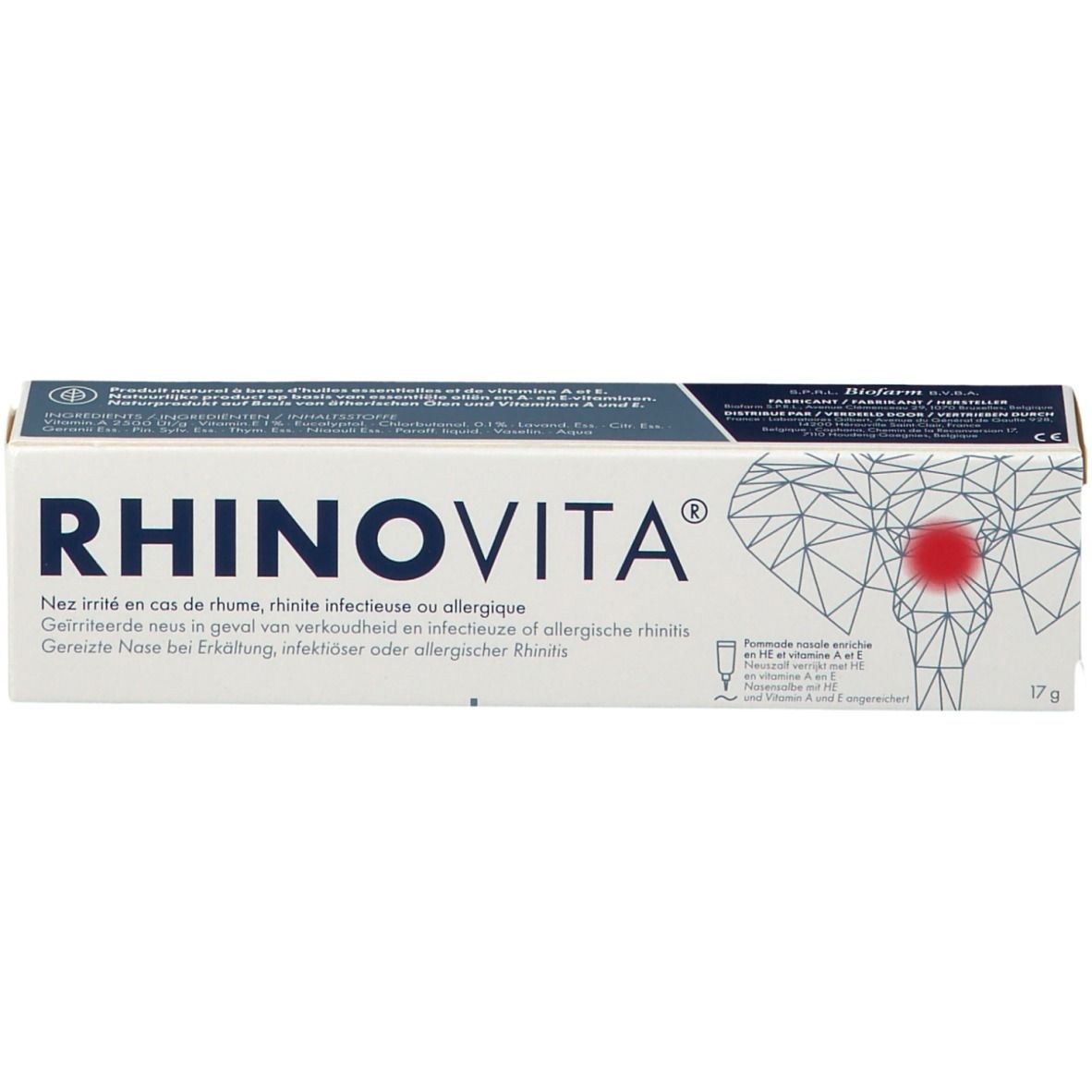 Boîte blanche RHINOVITA. Texte multilingue. 17g. Illustration d'une tête avec point rouge. Emballage du produit.