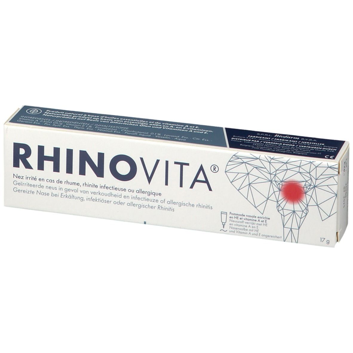 Boîte blanche RHINOVITA. Texte multilingue. 17g. Illustration d'une tête avec point rouge. Emballage du produit.