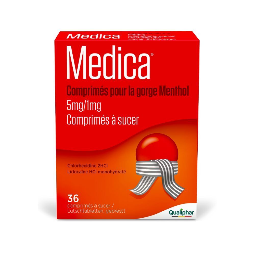 Boîte rouge Medica Comprimés pour la gorge Menthol. 36 comprimés à sucer. Logo Qualiphar.
