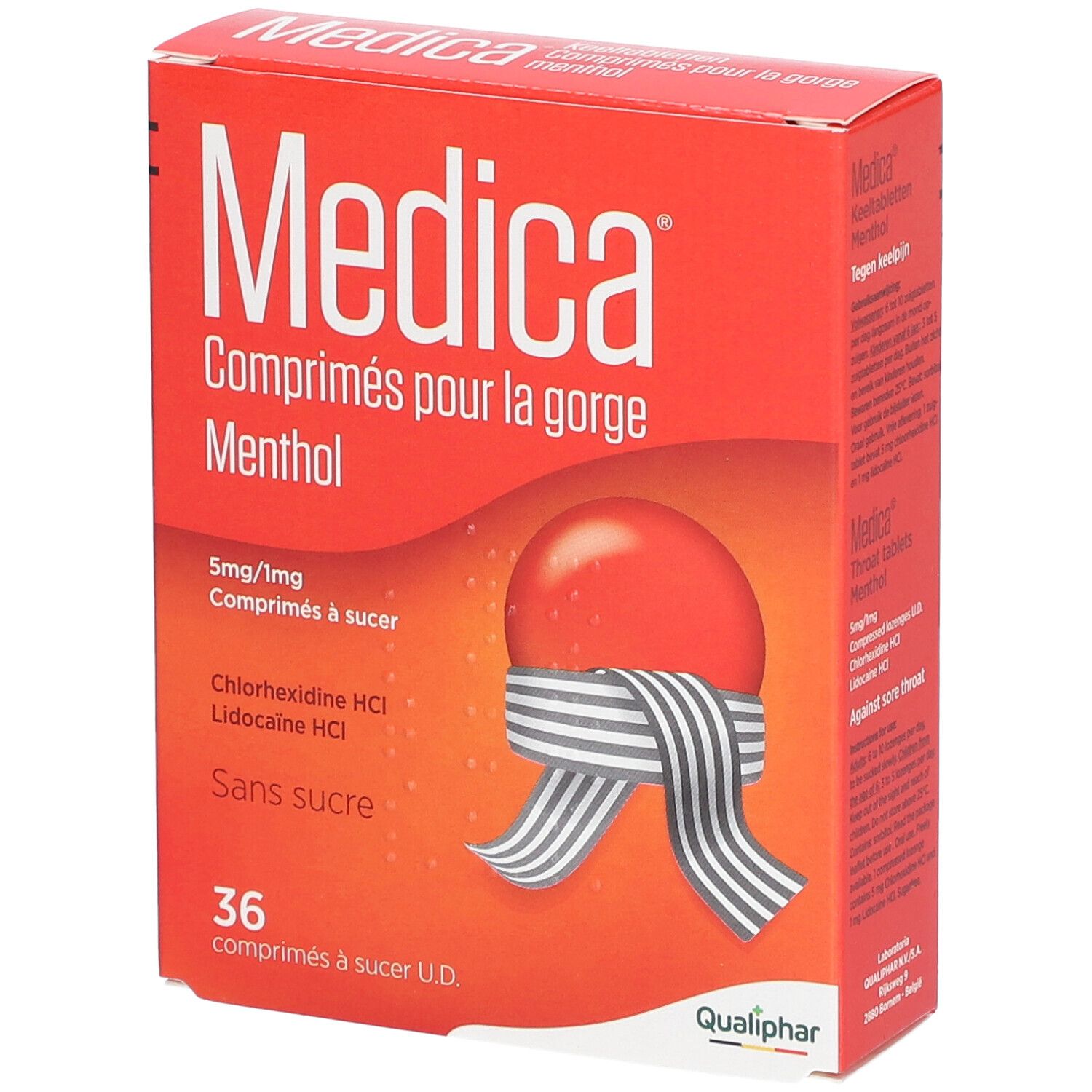 Boîte rouge Medica Comprimés pour la gorge Menthol. 36 comprimés à sucer. Logo Qualiphar.