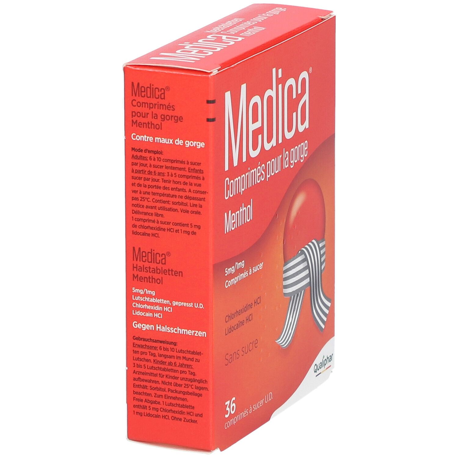 Boîte rouge Medica Comprimés pour la gorge Menthol. 36 comprimés. Logo Qualiphar. Vue en biais.