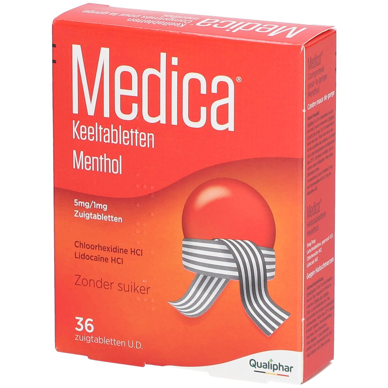 Boîte rouge Medica Keeltabletten Menthol. 36 comprimés à sucer. Logo Qualiphar.