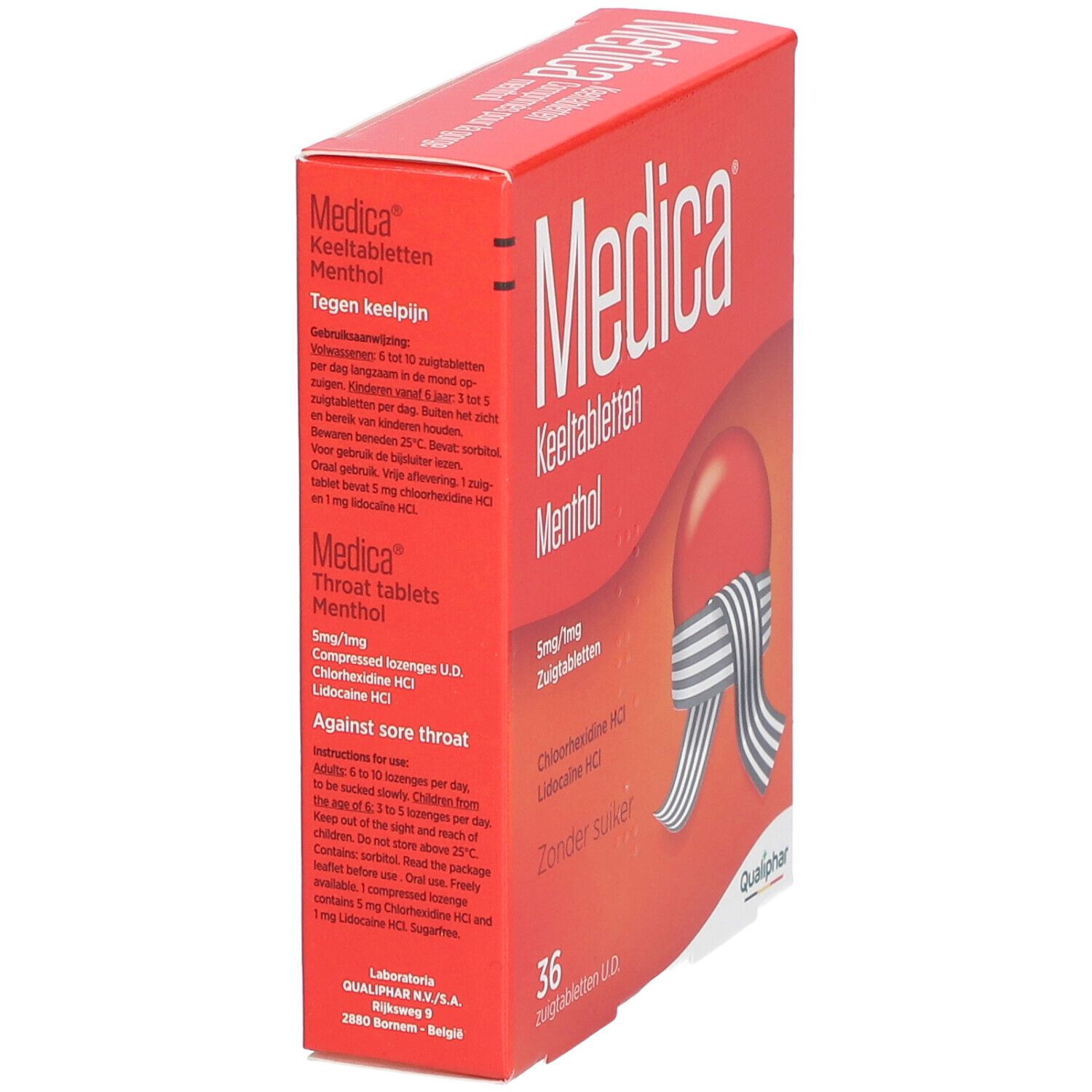 Boîte rouge Medica Keeltabletten Menthol. 36 comprimés. Logo Qualiphar. Texte en anglais.