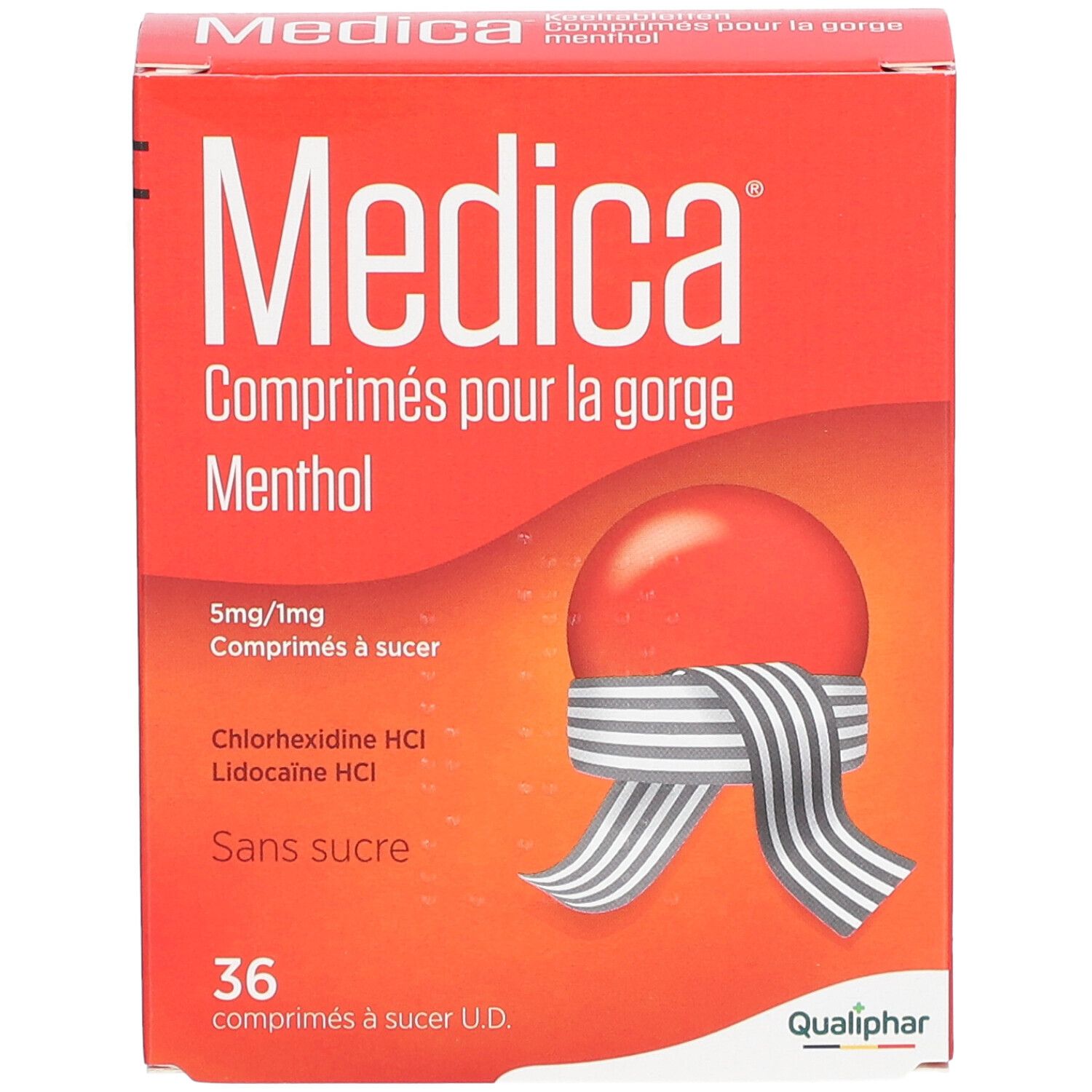 Boîte rouge Medica Comprimés pour la gorge Menthol. 36 comprimés à sucer. Logo Qualiphar.