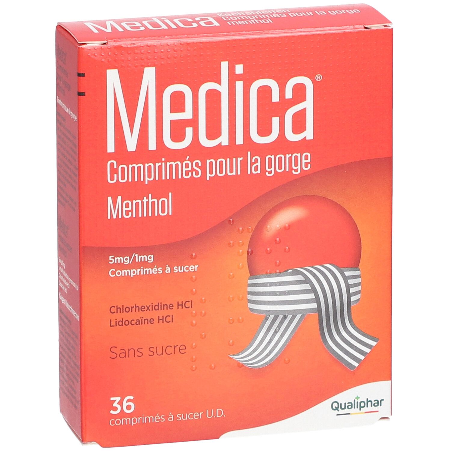 Boîte rouge Medica Comprimés pour la gorge Menthol. 36 comprimés à sucer. Logo Qualiphar.