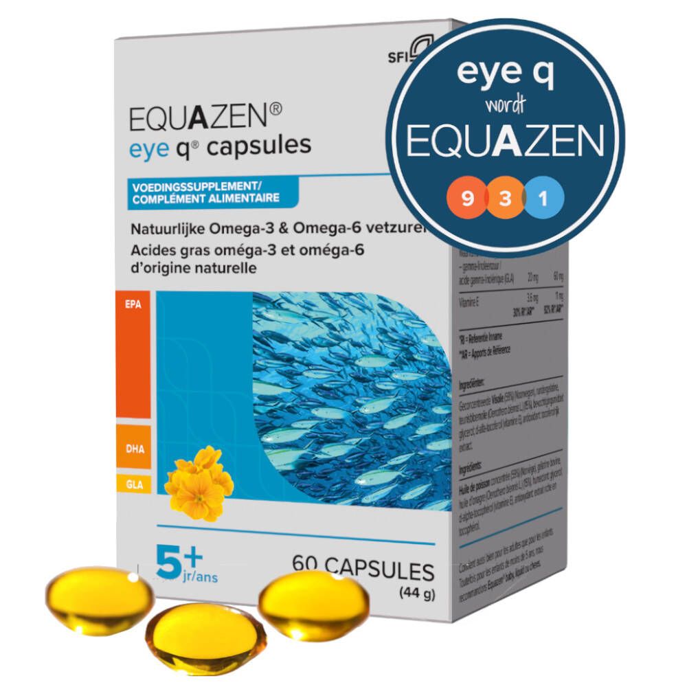 Boîte de capsules EQUAZEN eye q. Contient des acides gras oméga-3 et oméga-6. 60 capsules. Pour enfants de 5 ans et plus.