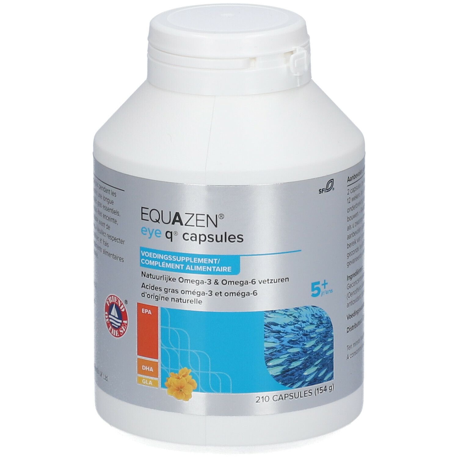 Flacone bianco di capsule EQUAZEN eye q. Scritta: 210 capsule. Grafica di pesci e fiori.