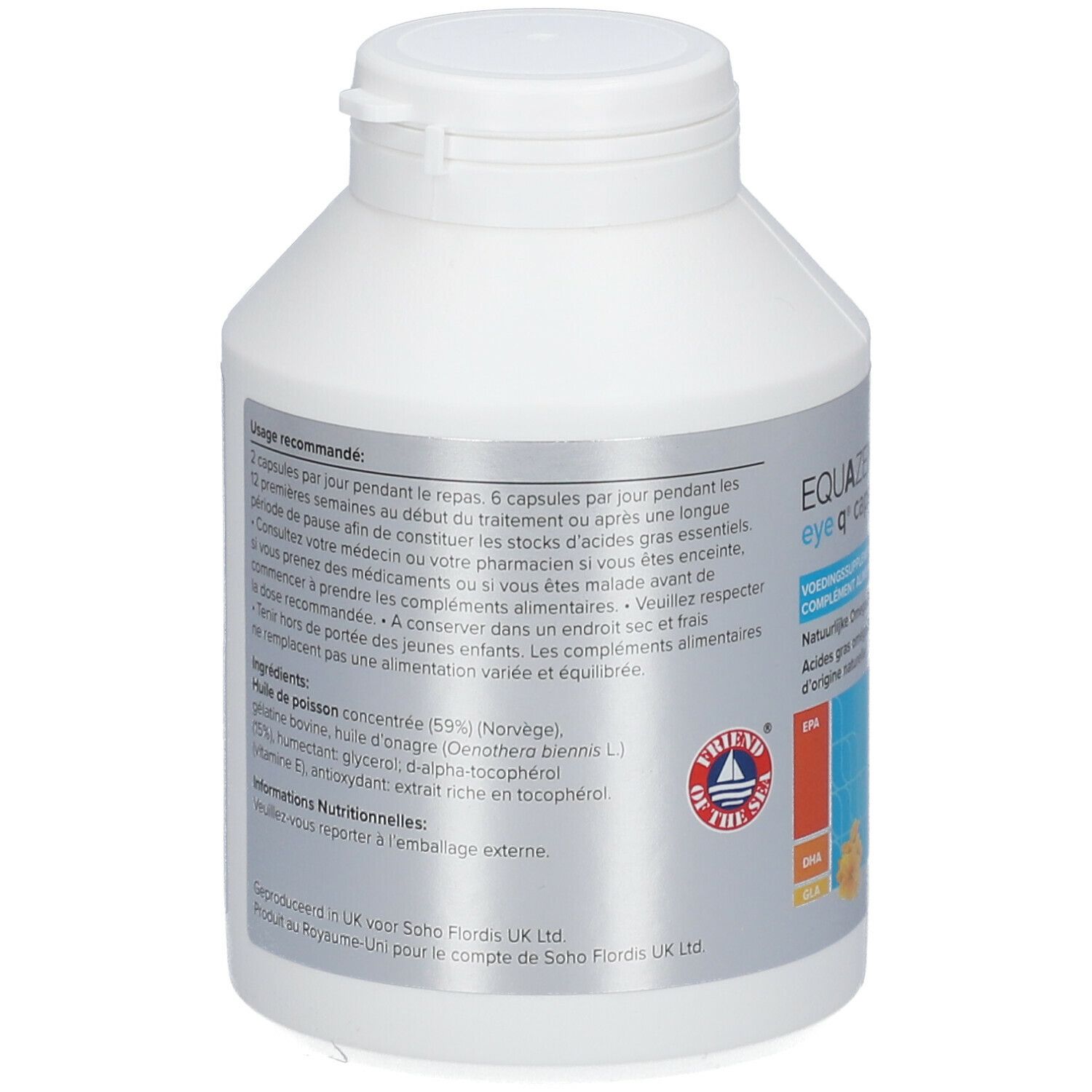 Retro di un flacone bianco di capsule. Scritta: EQUAZEN eye q. Elenco ingredienti e informazioni nutrizionali.