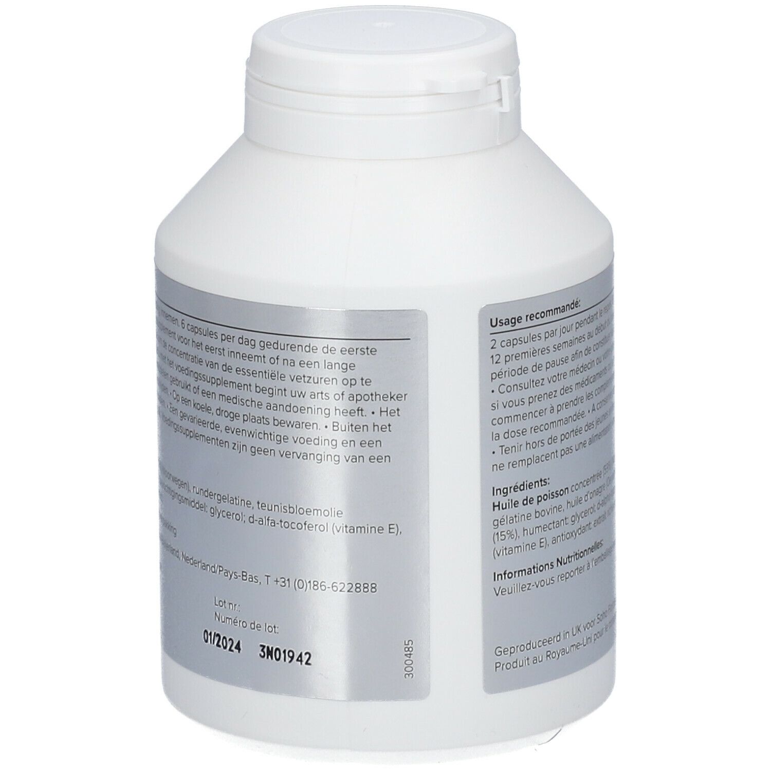 Retro di un flacone bianco di capsule. Scritta: EQUAZEN eye q. Elenco ingredienti e informazioni nutrizionali.
