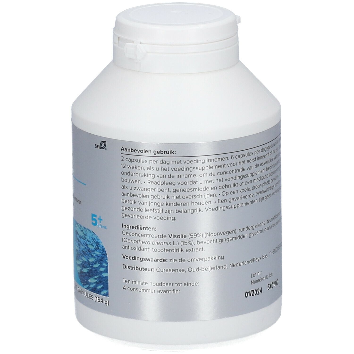 Retro di un flacone bianco di capsule. Scritta: EQUAZEN eye q. Elenco ingredienti e informazioni nutrizionali.