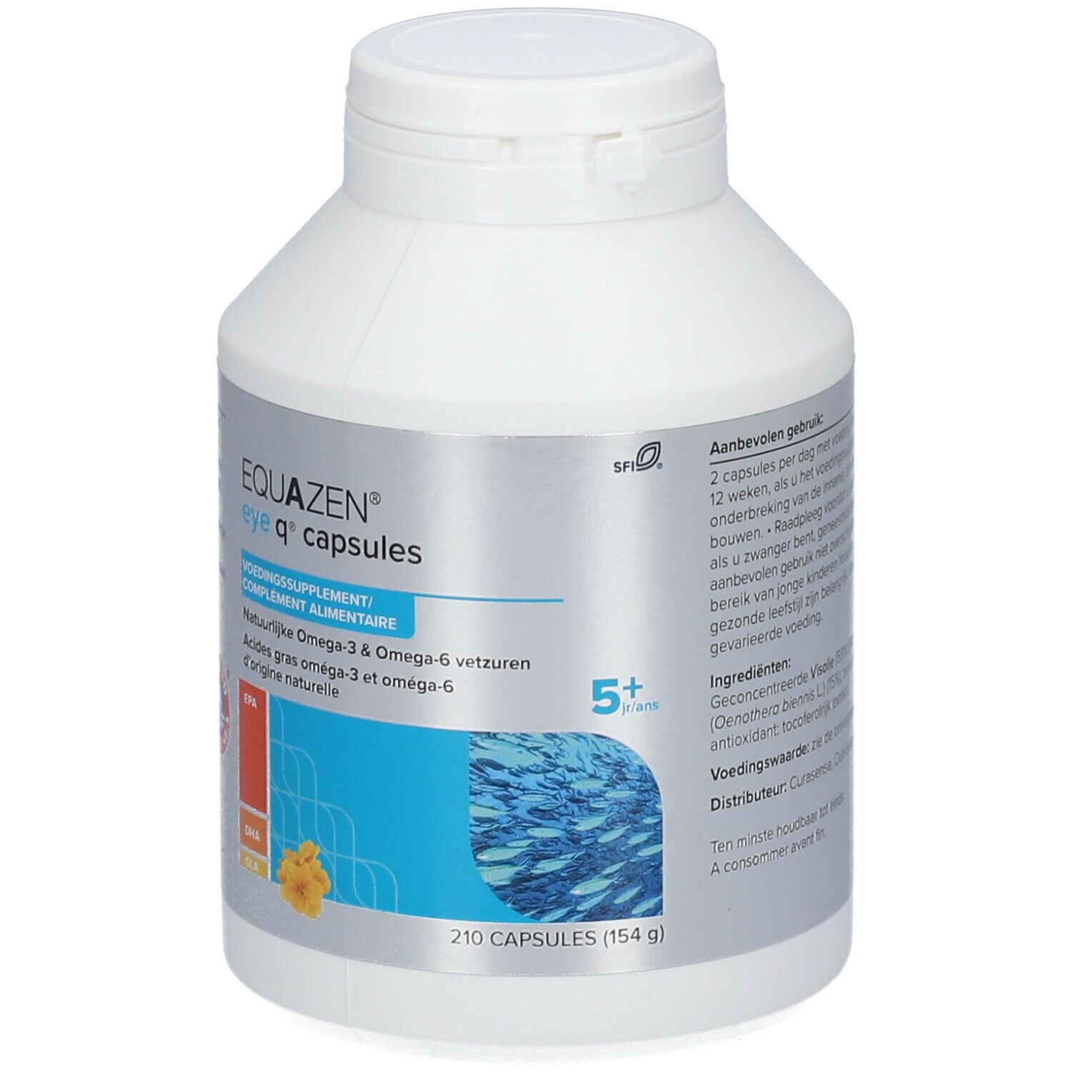 Flacone bianco di capsule EQUAZEN eye q. Scritta: 210 capsule. Grafica di pesci e fiori.