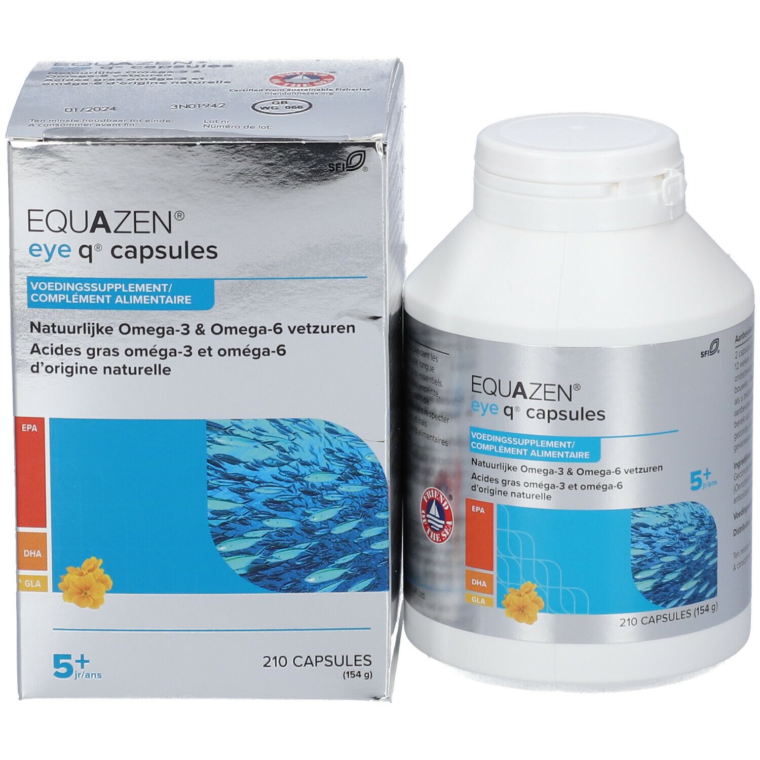 Confezione e flacone. Scritta: EQUAZEN eye q capsules. 210 capsule. Grafica di pesci e fiori.