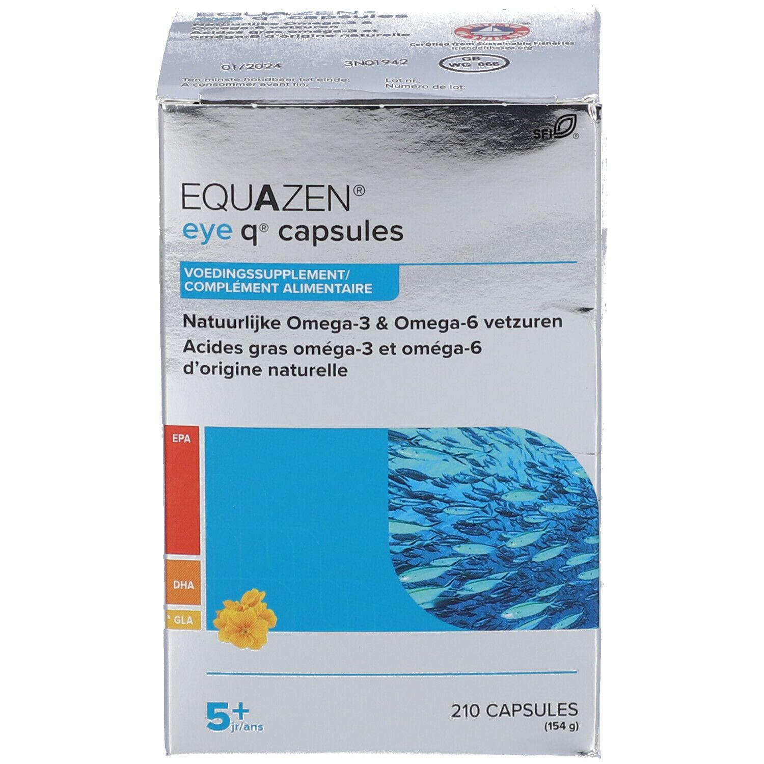 Confezione del prodotto. Scritta: EQUAZEN eye q capsules. 210 capsule. Grafica di pesci e fiori.