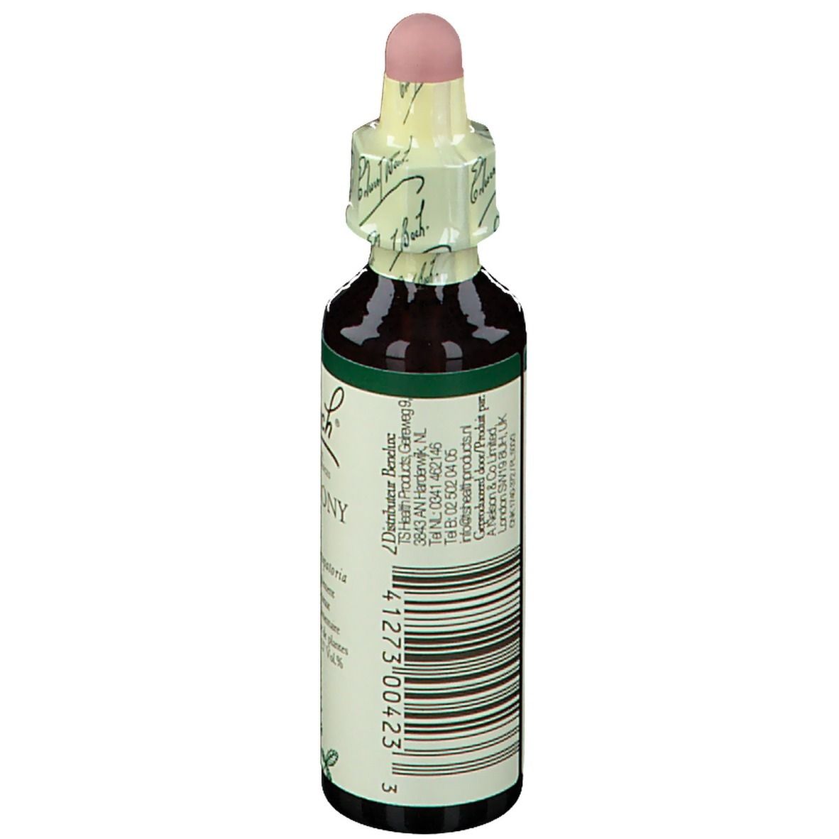 Bruine glazen fles met barcode en etiket. Tekst: "Bach Flower Essences".