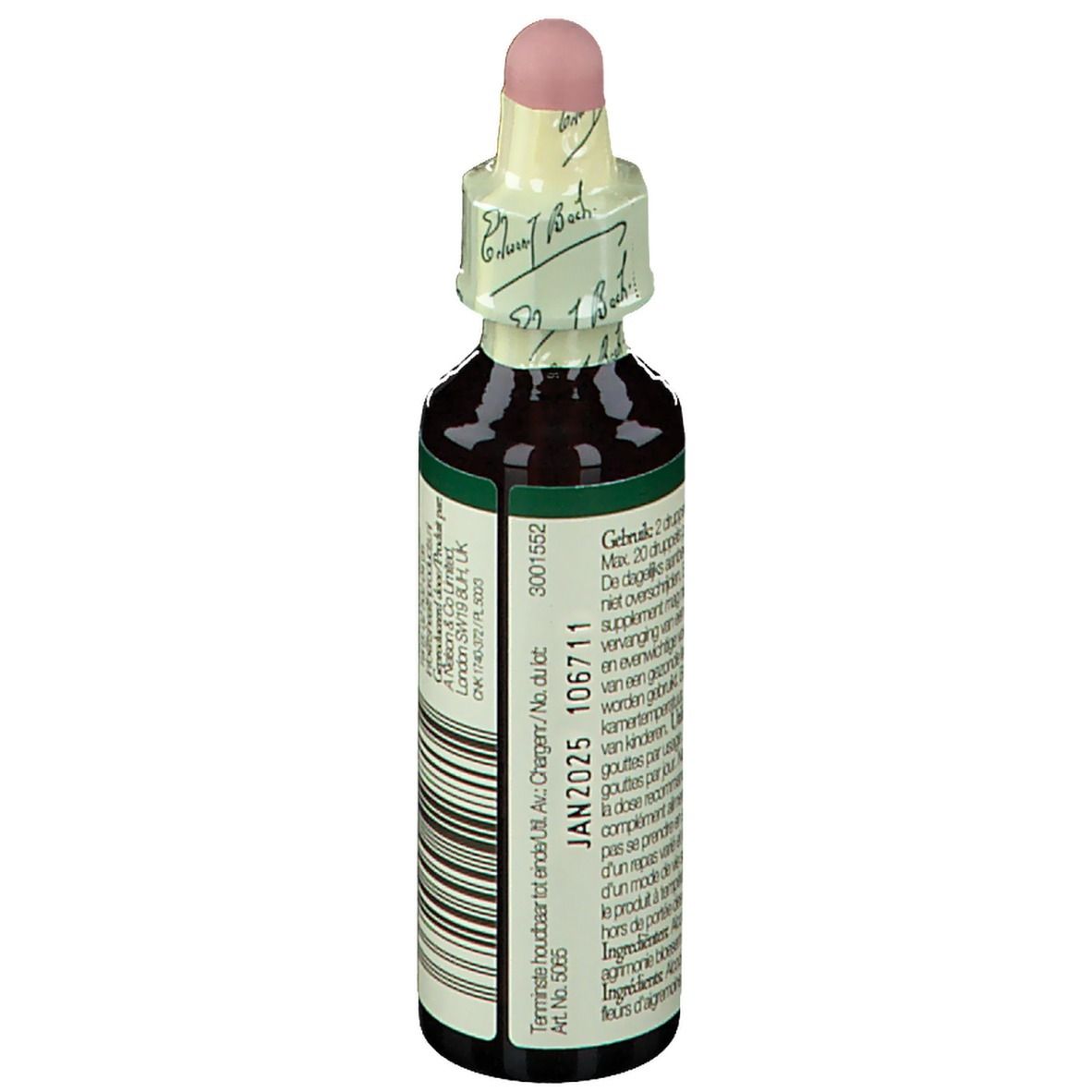Bruine glazen fles met etiket. Tekst: "Bach Flower Essences". Houdbaarheidsdatum: JAN2025.