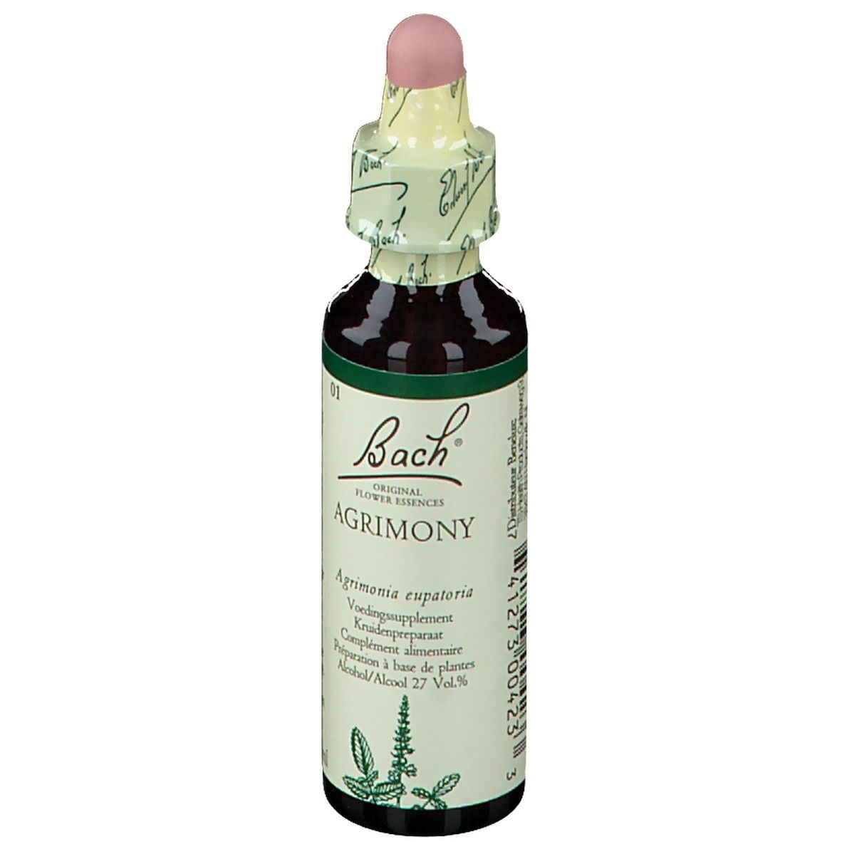 Bruine glazen fles met roze pipet. Etiket met "Bach AGRIMONY".