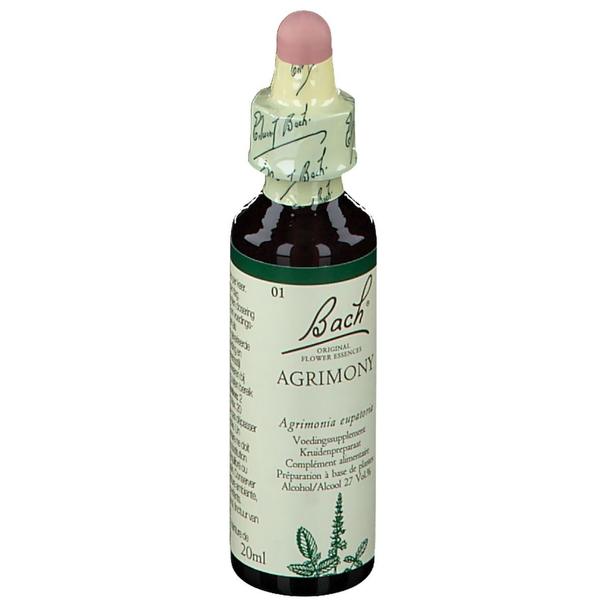 Bruine glazen fles met roze pipet. Etiket met "Bach AGRIMONY". 20ml.