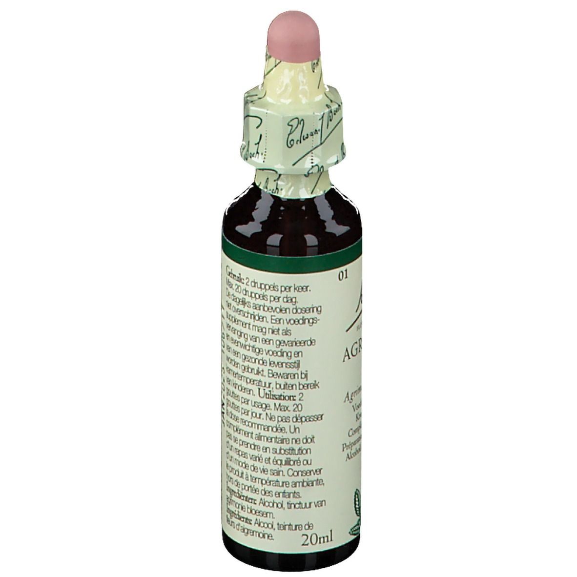 Bruine glazen fles met roze pipet. Etiket met tekst en instructies. 20ml.