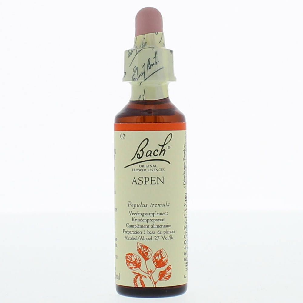 Braune Glasflasche mit rosa Verschluss und Etikett. Aufschrift: Bach Original Flower Essences ASPEN.