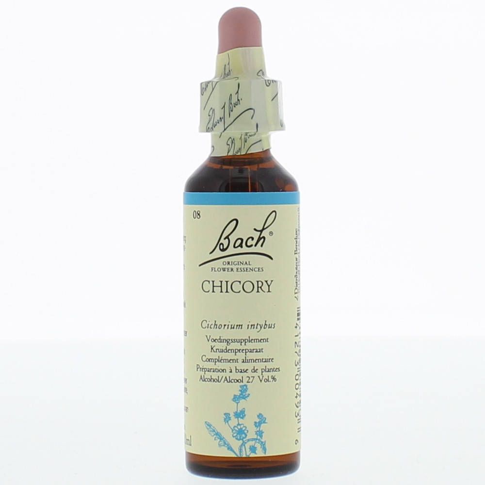 Braune Glasflasche mit rosa Verschluss. Etikett mit Produktnamen und floralem Design. Marke: Bach.